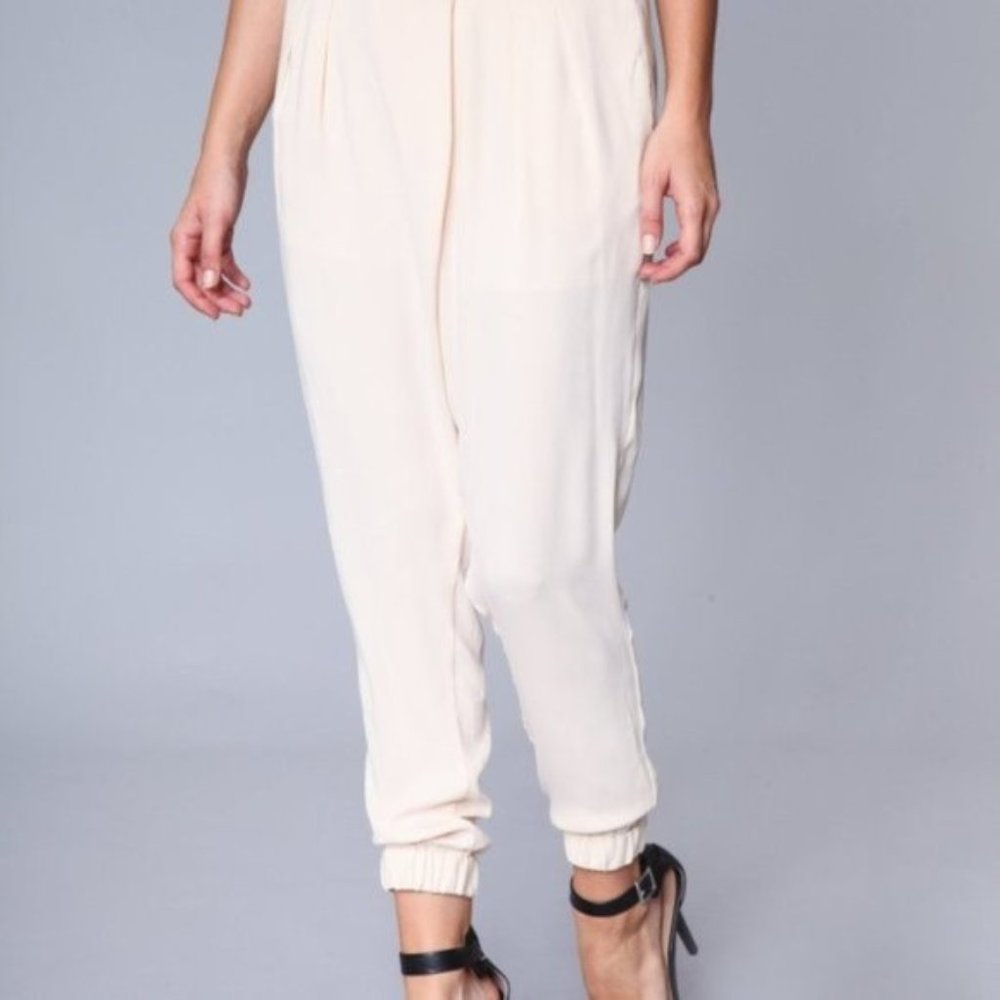 Cream Pleated Overlapped Low Crotch Slouchy Trousers